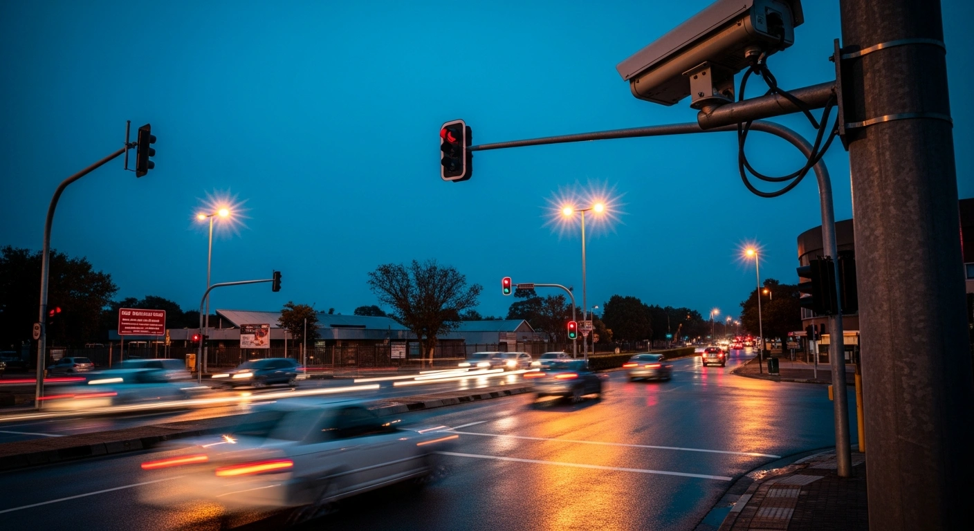 A modern traffic camera monitors a busy urban intersection in South Africa as part of the new AARTO demerit-based road safety system.