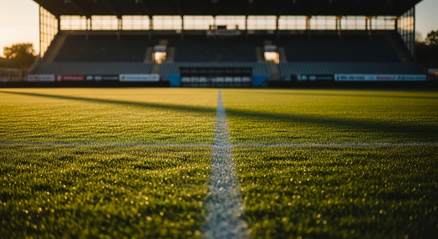 A wide view of the empty pitch at Gladsaxe Stadium during the final match of the season between AB Gladsaxe and Thisted FC.