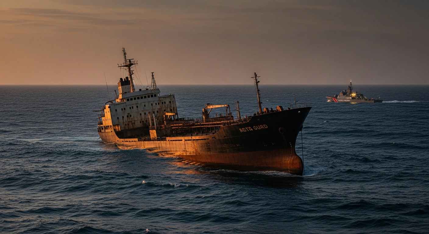An abandoned, damaged Russian-linked tanker drifts in the Mediterranean Sea as maritime authorities monitor the vessel to prevent an oil spill.