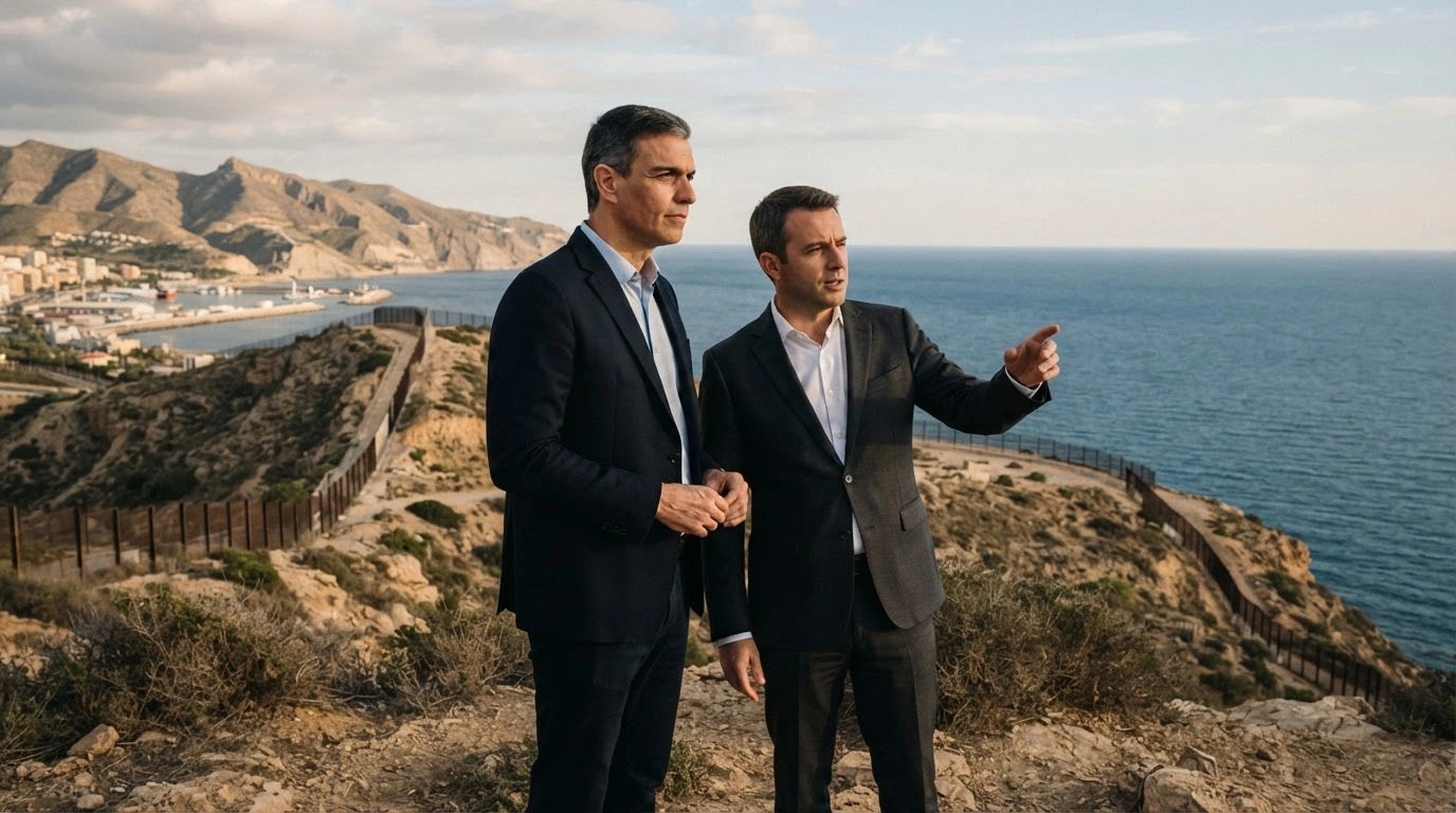 Santiago Abascal and Jordan Bardella stand on a cliffside in Ceuta to highlight concerns regarding border security and migration policy.