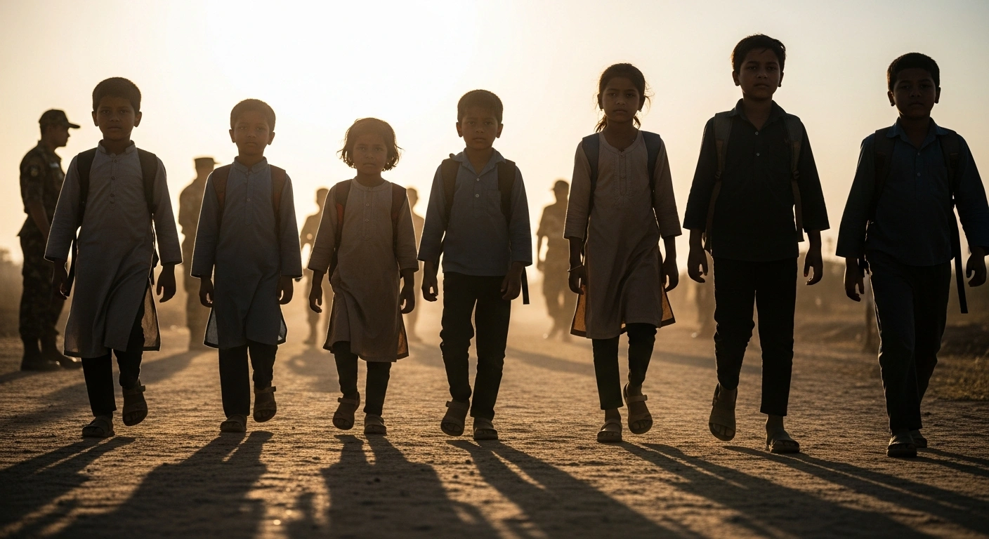 Nine children, recently freed from abduction in Benue State, Nigeria, walk along a dusty path in soft golden light, accompanied by uniformed security personnel in the background.