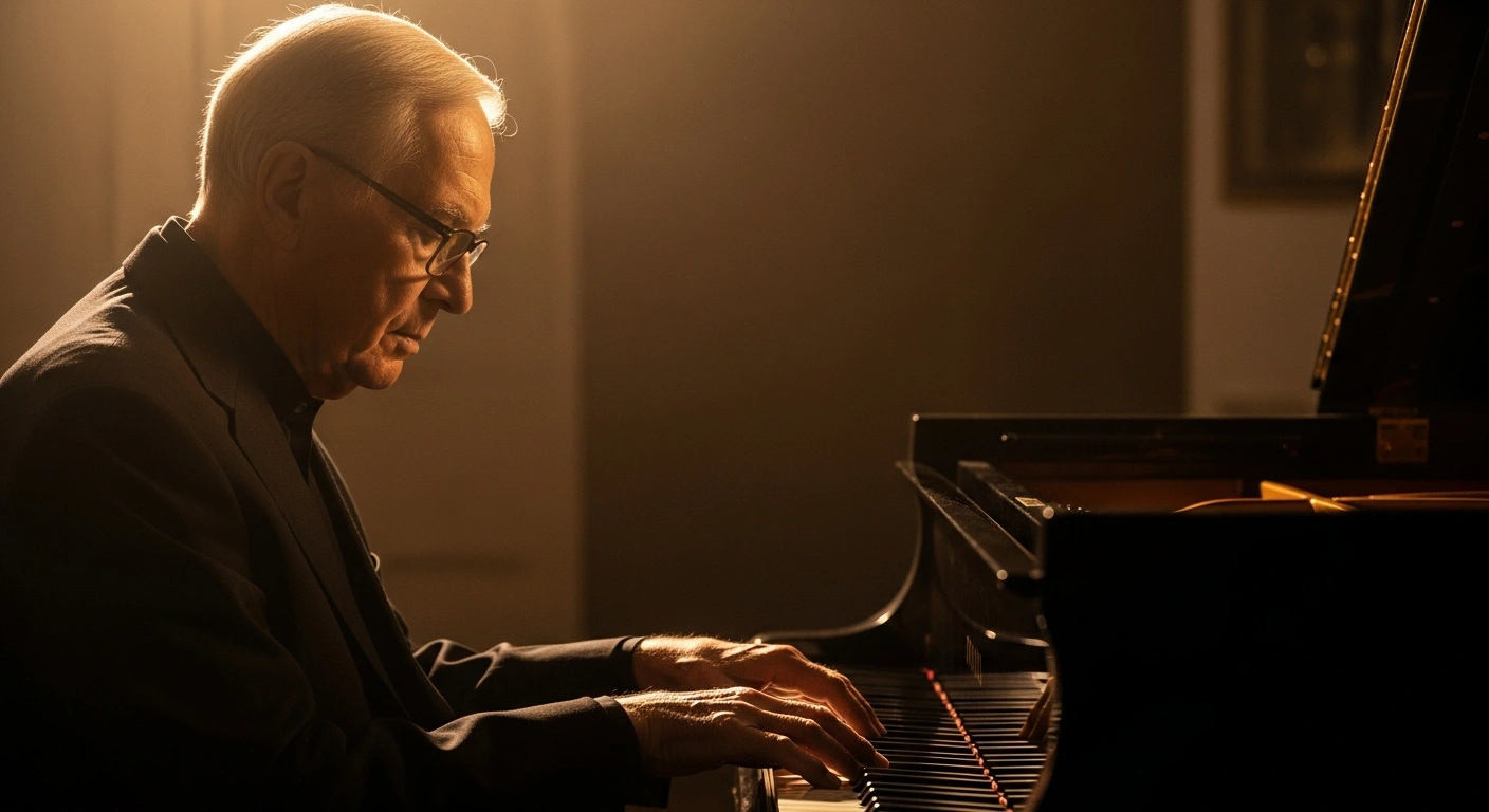 A portrait of the legendary South African jazz pianist and activist Abdullah Ibrahim sitting at his piano in a dimly lit studio.
