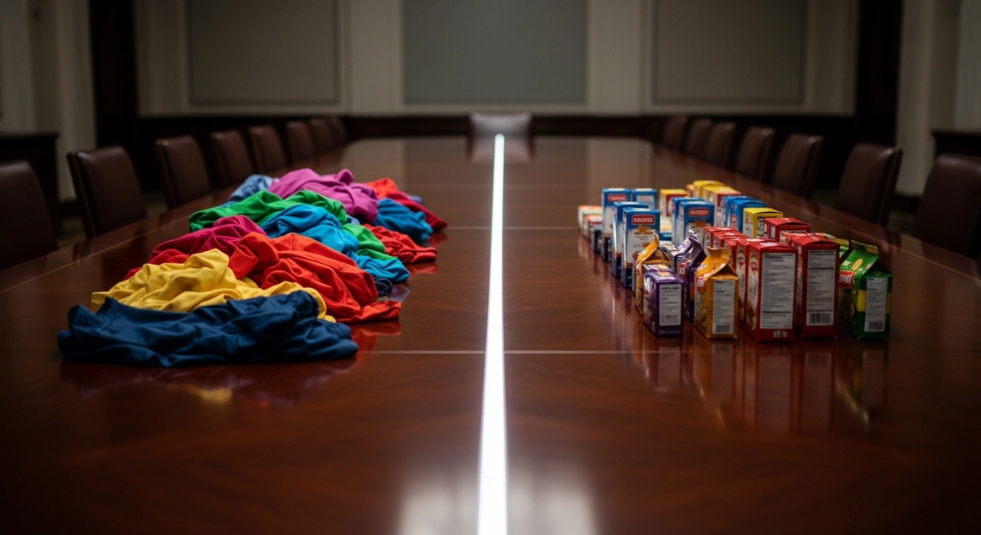 A high-angle shot of a polished mahogany conference table, dramatically divided by a sharp beam of light, separating a disheveled pile of colorful fast-fashion garments from an orderly arrangement of food packaging, symbolizing Associated British Foods' strategic review of a potential Primark spin-off amidst declining sales and profits.