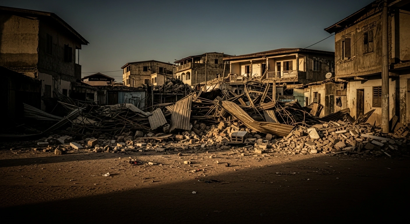 The aftermath of unauthorized building demolitions in the Koumassi-Campement neighborhood of Abidjan is shown with piles of rubble and destroyed homes.