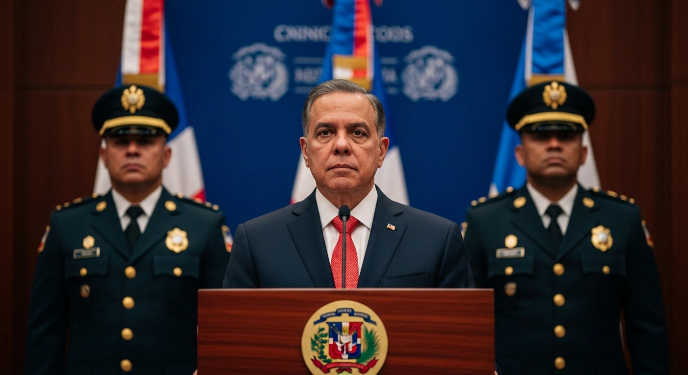 President Luis Abinader stands at a podium, flanked by two high-ranking National Police generals, formally announcing significant leadership changes within the Dominican Republic's National Police, including the appointments of General Esteban Figuereo García as Deputy Director General and General Ernesto Rafael Rodríguez García as Inspector General.