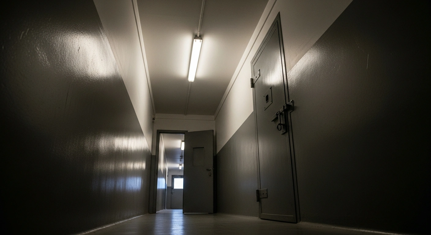 A dimly lit, sterile corridor inside a detention facility with cold concrete walls and a heavy metal door slightly ajar, representing the harsh conditions of a watch house where an Aboriginal mother died in police custody in Australia's Northern Territory.