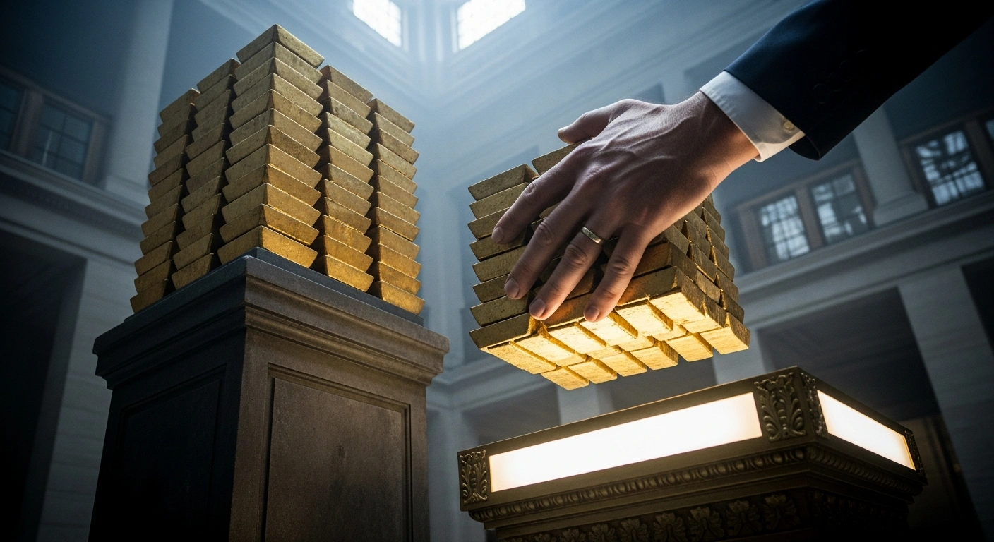 A colossal, weathered hand shifts gold ingots from a towering, shadowed pedestal to a brightly illuminated, ornate European-styled plinth in a vast financial hall, symbolizing ABP's strategic cut of €10 billion in U.S. Treasury holdings and reallocation to European government bonds for diversification.