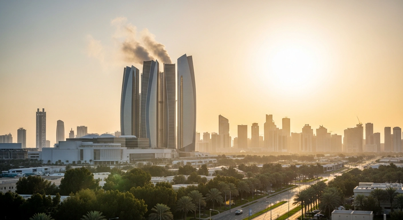 A wide-angle view of a futuristic Abu Dhabi skyline at dawn, showcasing a magnificent, architecturally advanced carbon capture facility emitting clean air, symbolizing the emirate's new Carbon Capture Policy and its commitment to decarbonization and a sustainable economy.