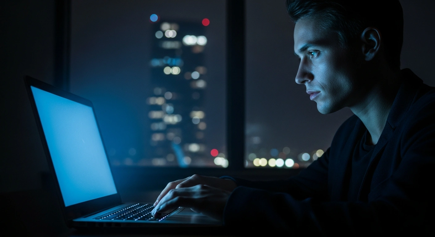 A person sits in a dark room looking at a glowing laptop screen, representing the caution needed to avoid fraudulent websites and cybercrime in Abu Dhabi.