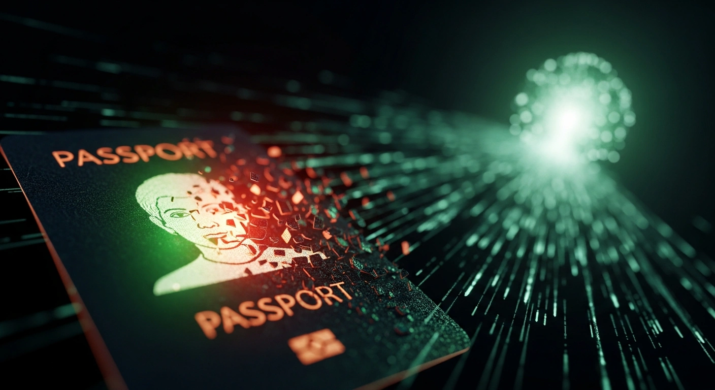 A close-up of a fractured, glowing digital image of a passport or ID, dissolving into abstract data streams, symbolizing a data breach that exposed personal details and passport scans of delegates from Abu Dhabi Finance Week.