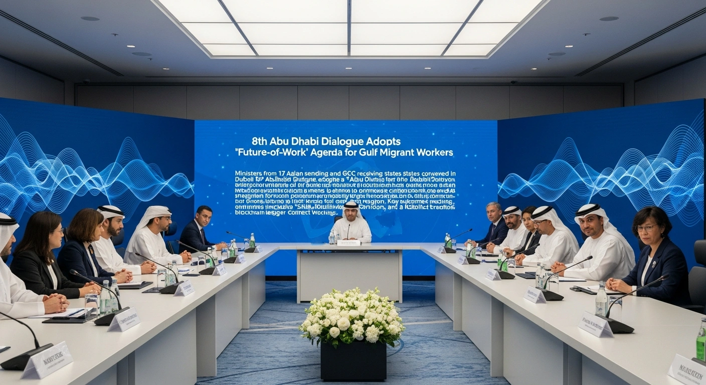 Ministers from Asian and GCC states are depicted in a modern conference room, illuminated by digital displays, discussing the 'Future-of-Work' agenda, labor mobility governance, and protection mechanisms for migrant workers, reflecting the themes of the 8th Abu Dhabi Dialogue.