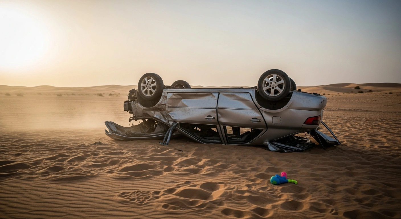 A wide, low-angle shot depicts the desolate aftermath of a severe car crash in the Abu Dhabi desert at dawn, showing a mangled, overturned family sedan and a small, brightly colored toy half-buried in the sand, representing the tragic loss of Indian expatriates returning from the Liwa Festival.
