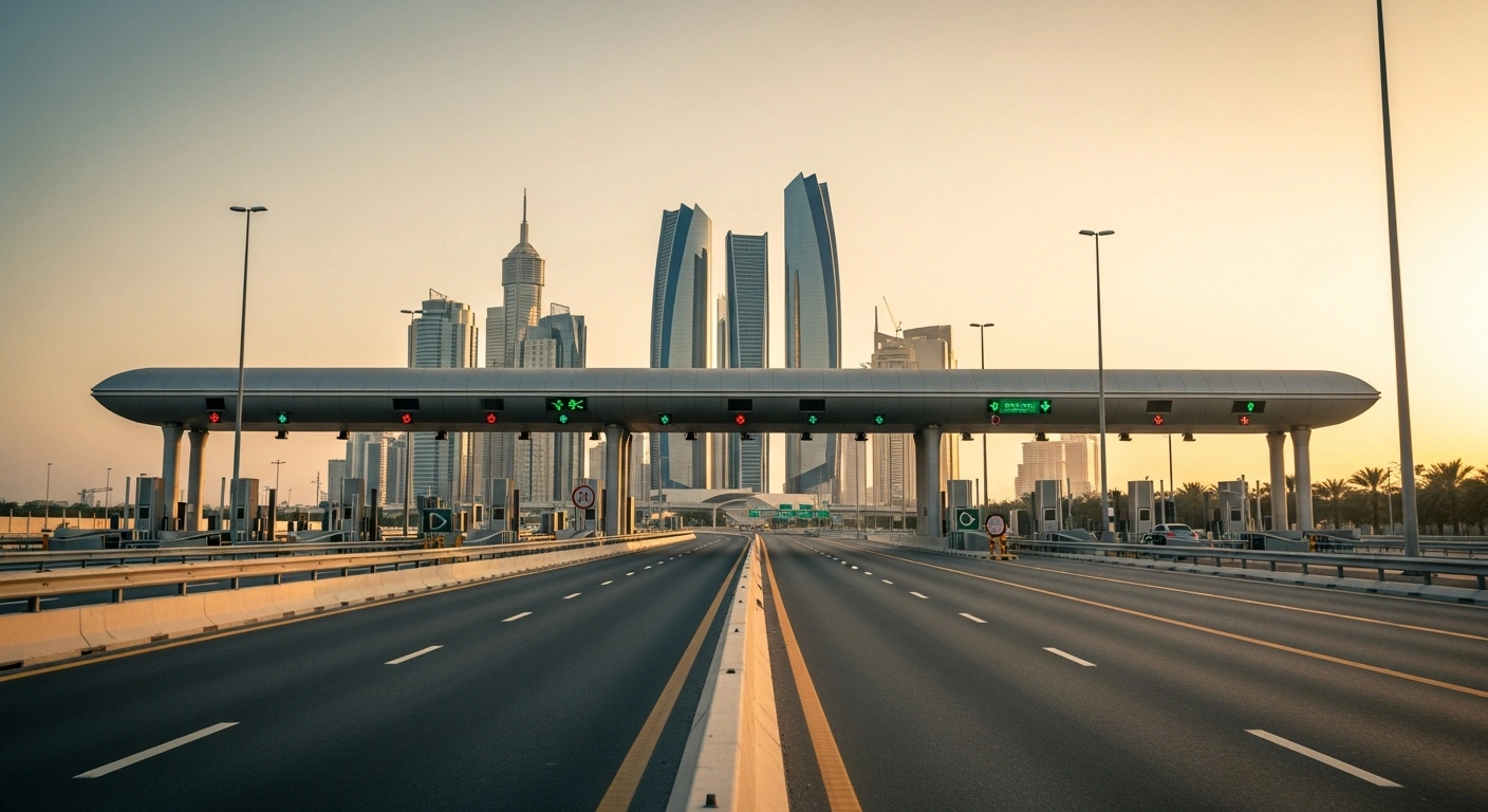 A clear highway in Abu Dhabi with toll gates during the Eid Al Adha holiday when parking and toll fees are suspended.