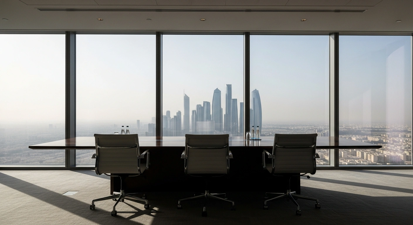 A modern, high-rise conference room in Abu Dhabi, with three empty chairs arranged around a polished table for US-brokered peace talks between Russia, Ukraine, and the United States, features a panoramic window reflecting a distant, ominous red glow on the horizon, symbolizing intensified Russian attacks on Ukraine's energy infrastructure and widespread power outages.