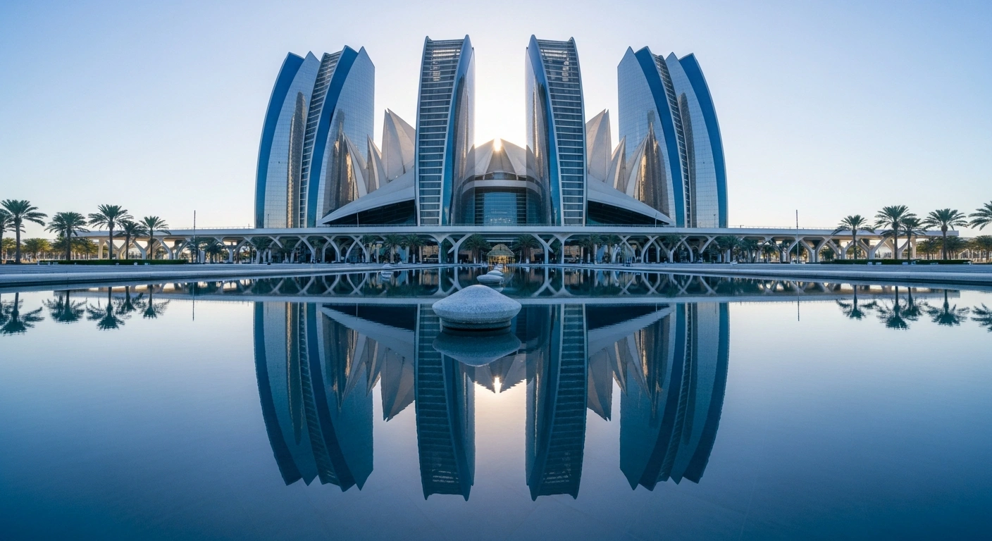A wide-angle view of a majestic, modern convention center in Abu Dhabi, perfectly reflected in a pristine water pool under a hopeful dawn sky, symbolizing the city's enhanced water diplomacy, finance, and governance efforts for the 2026 UN Water Conference and global water security.
