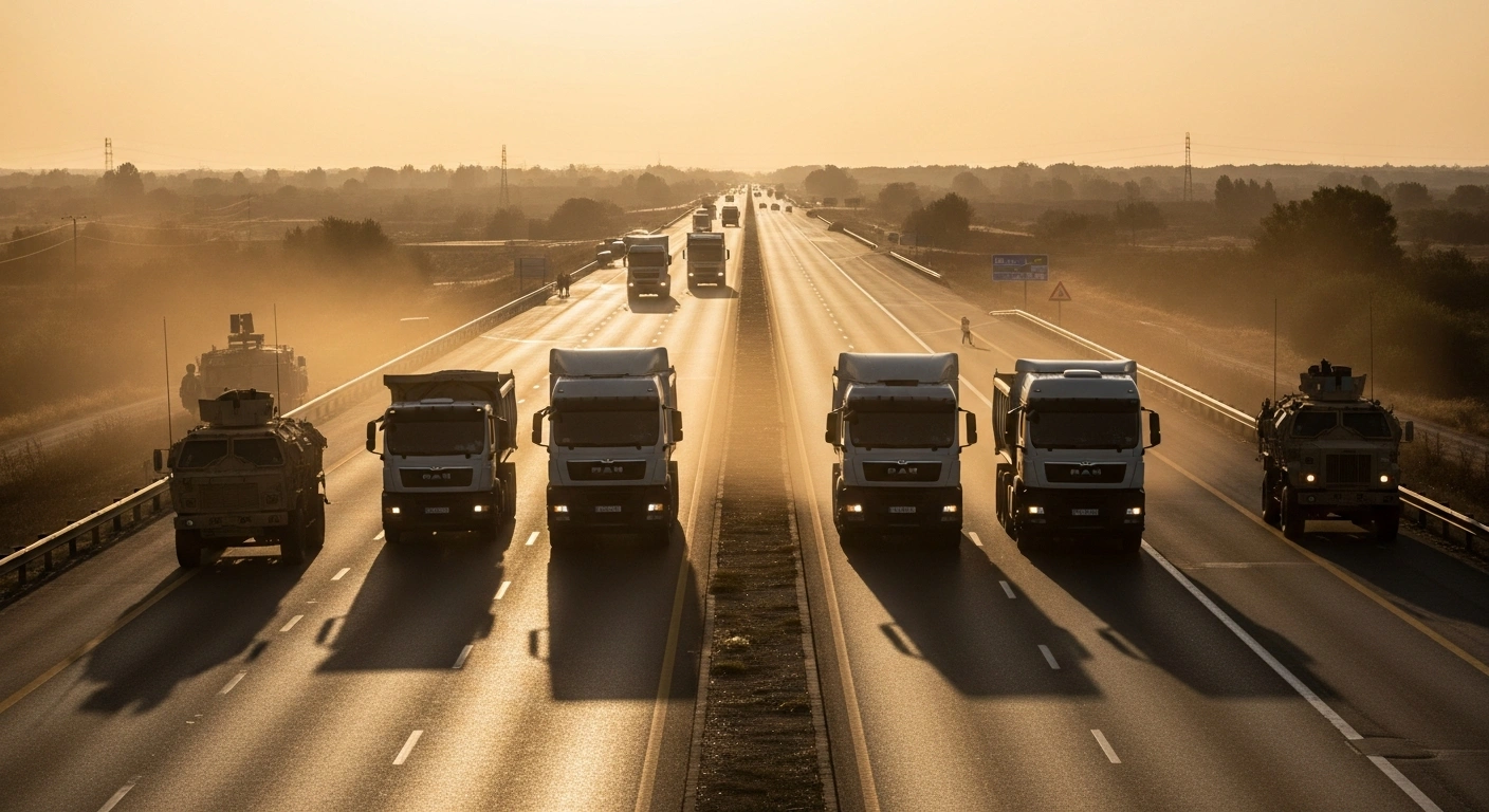 A wide, low-angle view of a multi-lane highway at golden hour, showing heavy-duty trucks moving smoothly, with military vehicles discreetly positioned on the side, symbolizing the restored traffic flow on the Abuja-Lokoja Highway after a standoff between truck drivers and military personnel.