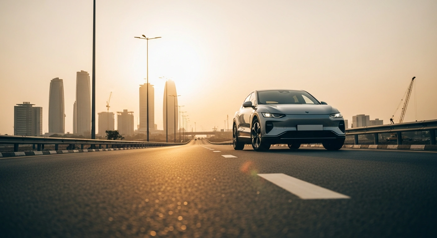 A modern vehicle is displayed at a national motor show and road infrastructure exhibition in Abuja to celebrate President Bola Ahmed Tinubu's birthday.