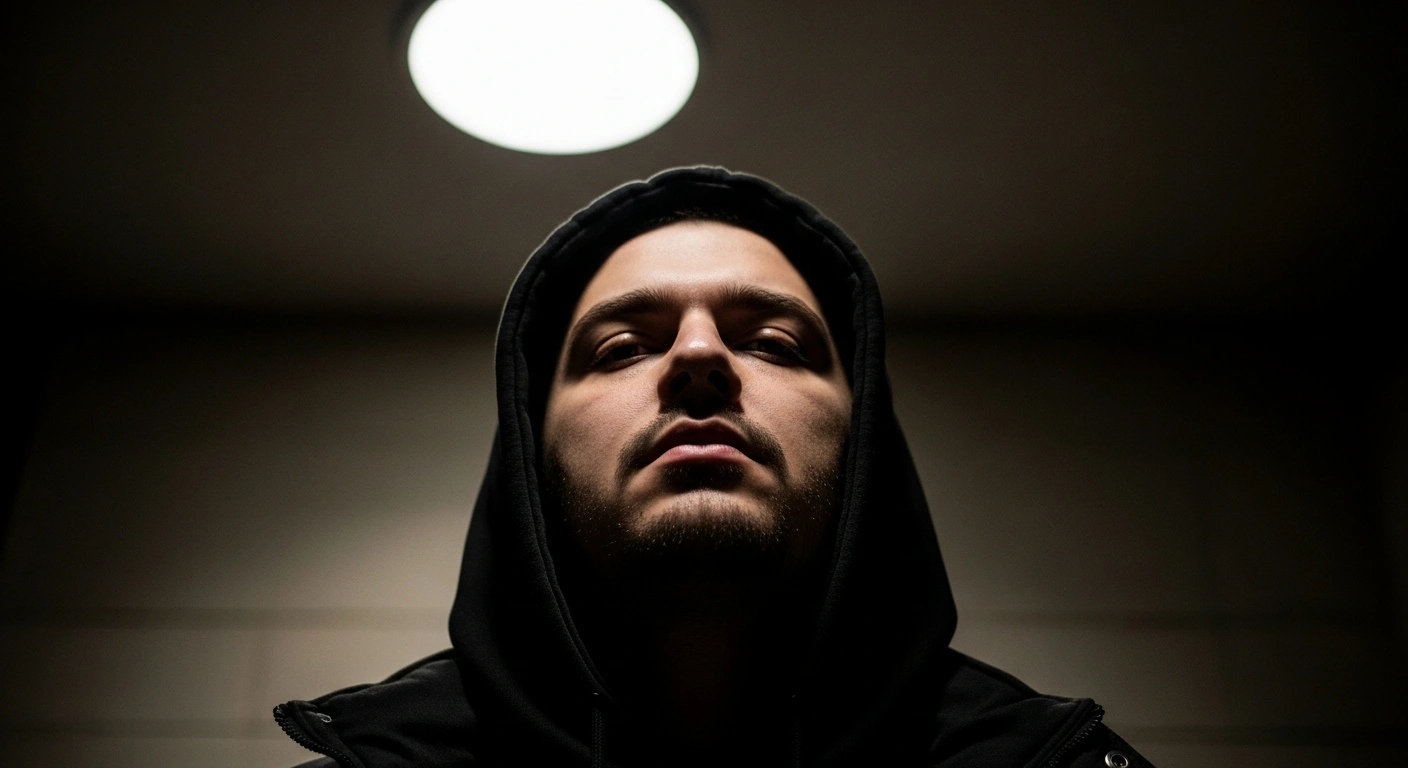 Serbian singer Aca Lukas is depicted in a dimly lit setting, reflecting his detention in Kavadarci, North Macedonia, for performing without a permit, an incident he claims was politically motivated.