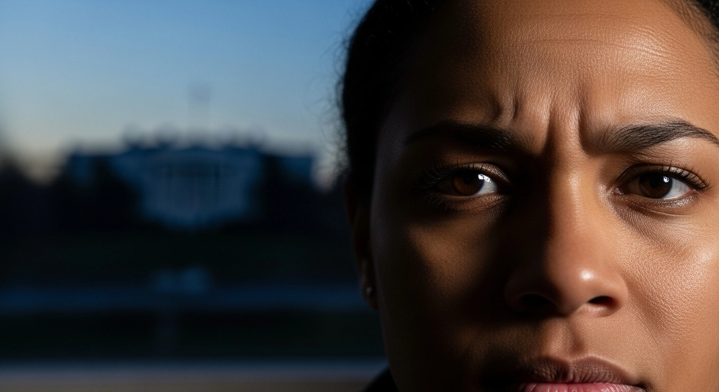 A person's face shows concern and cautious hope, with the blurred silhouette of the White House in the background, symbolizing the proposal to extend Affordable Care Act subsidies and its impact on health insurance premiums for millions of Americans.