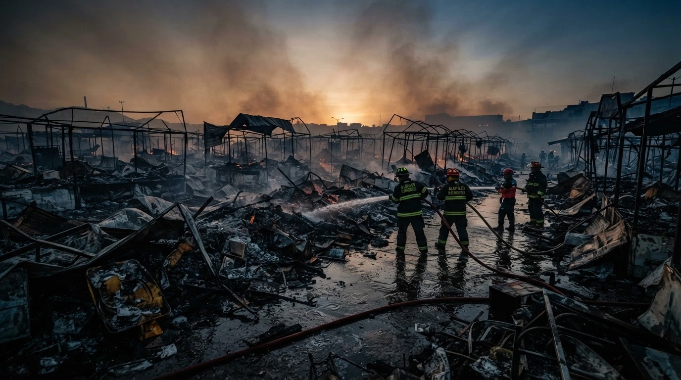 Firefighters work to extinguish the smoldering ruins of destroyed stalls at the Central Market in Acapulco following a major fire.