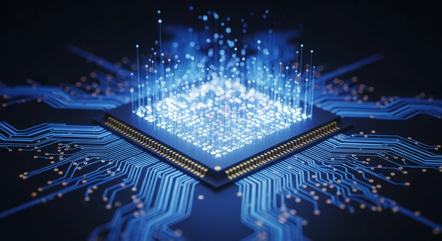 An extreme macro close-up of an advanced all-analogue photoelectronic AI chip, developed by Chinese researchers at Tsinghua University, glowing with intricate blue light trails across its surface, symbolizing its superior speed and energy efficiency for computer vision tasks using a unique light and electronic computing architecture.