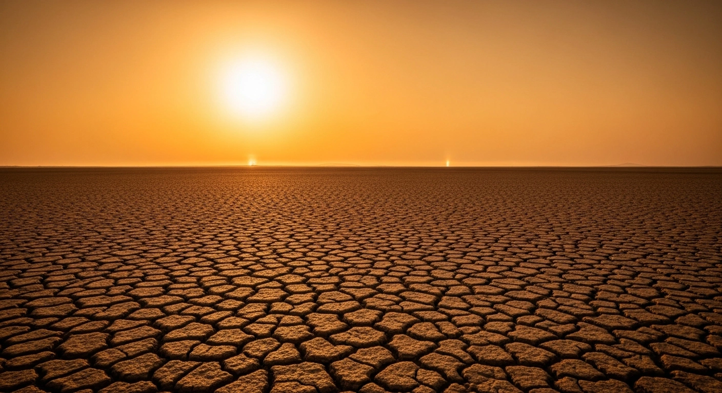 A desolate, cracked landscape under a sweltering sun illustrates the accelerating pace of global warming and climate change.
