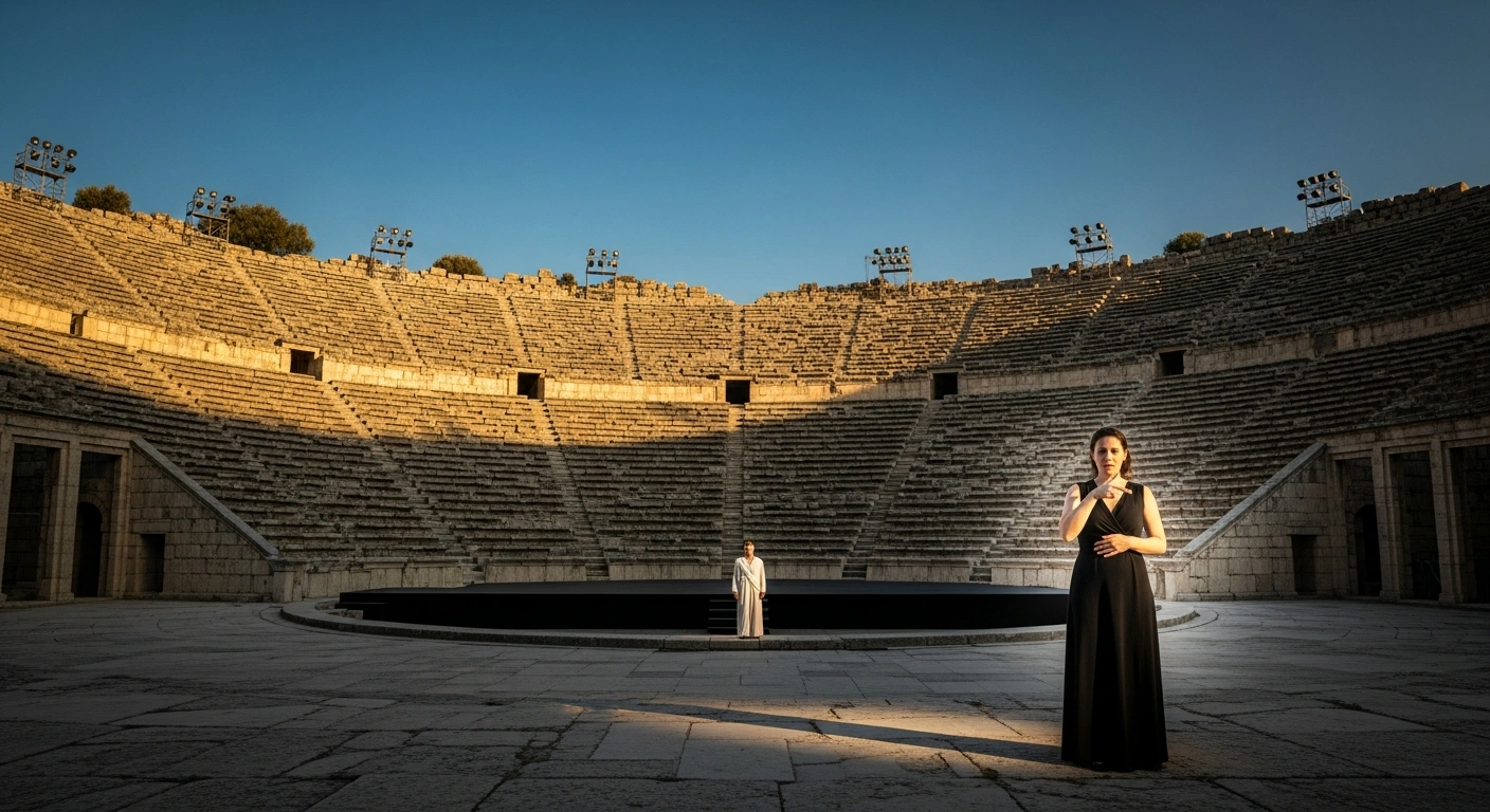 A sign language interpreter performs on stage during a fully accessible production of The Trojan Women at the Ancient Theatre of Epidaurus.