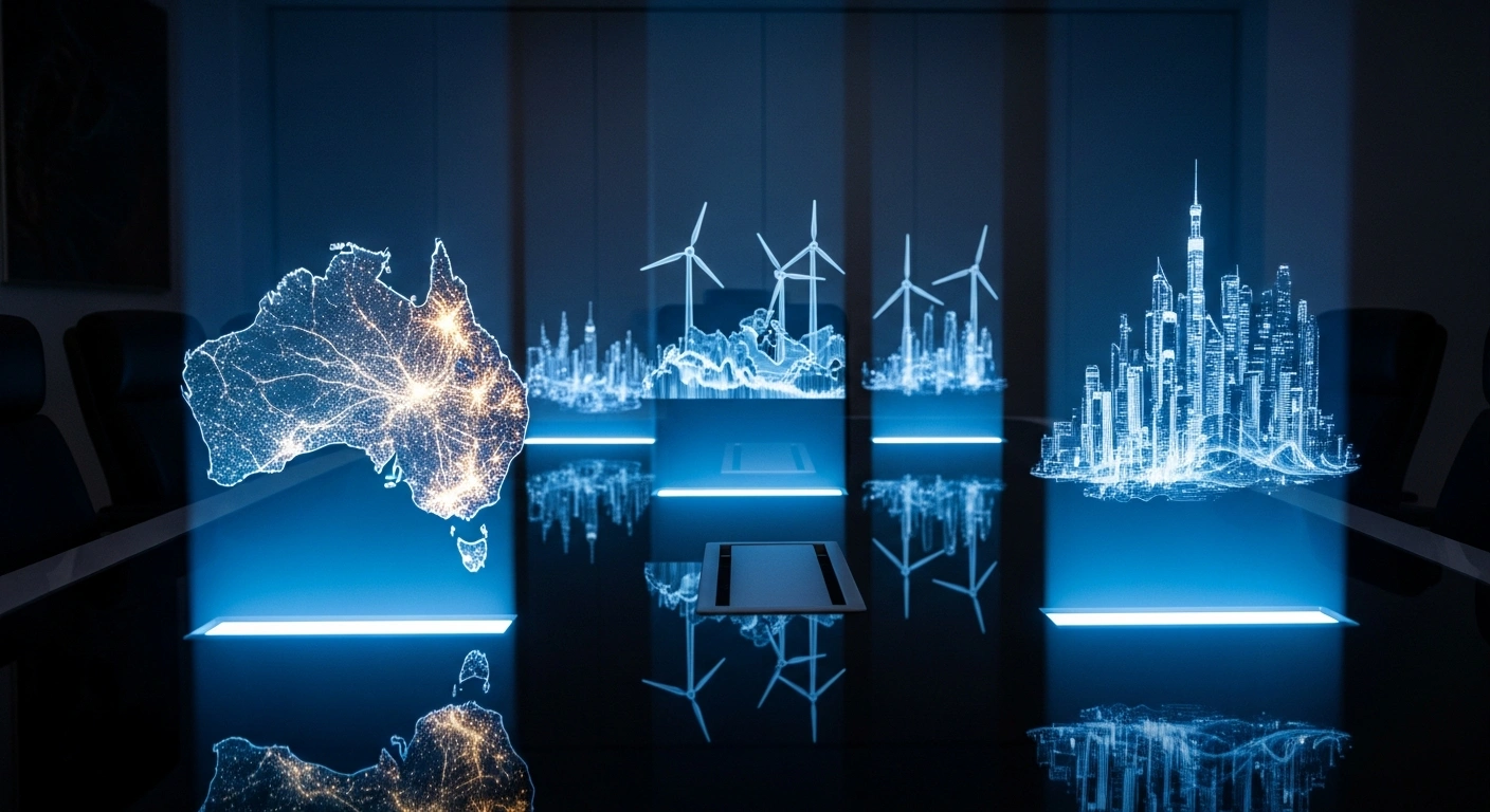 A wide, low-angle shot shows a sleek obsidian conference table with three vibrant holographic projections: a topographical map of Australia with glowing mineral veins, a Canadian landscape with wind turbines, and an Indian cityscape with data streams, symbolizing the Australia-Canada-India Technology and Innovation Partnership's focus on critical minerals, clean energy, and AI.