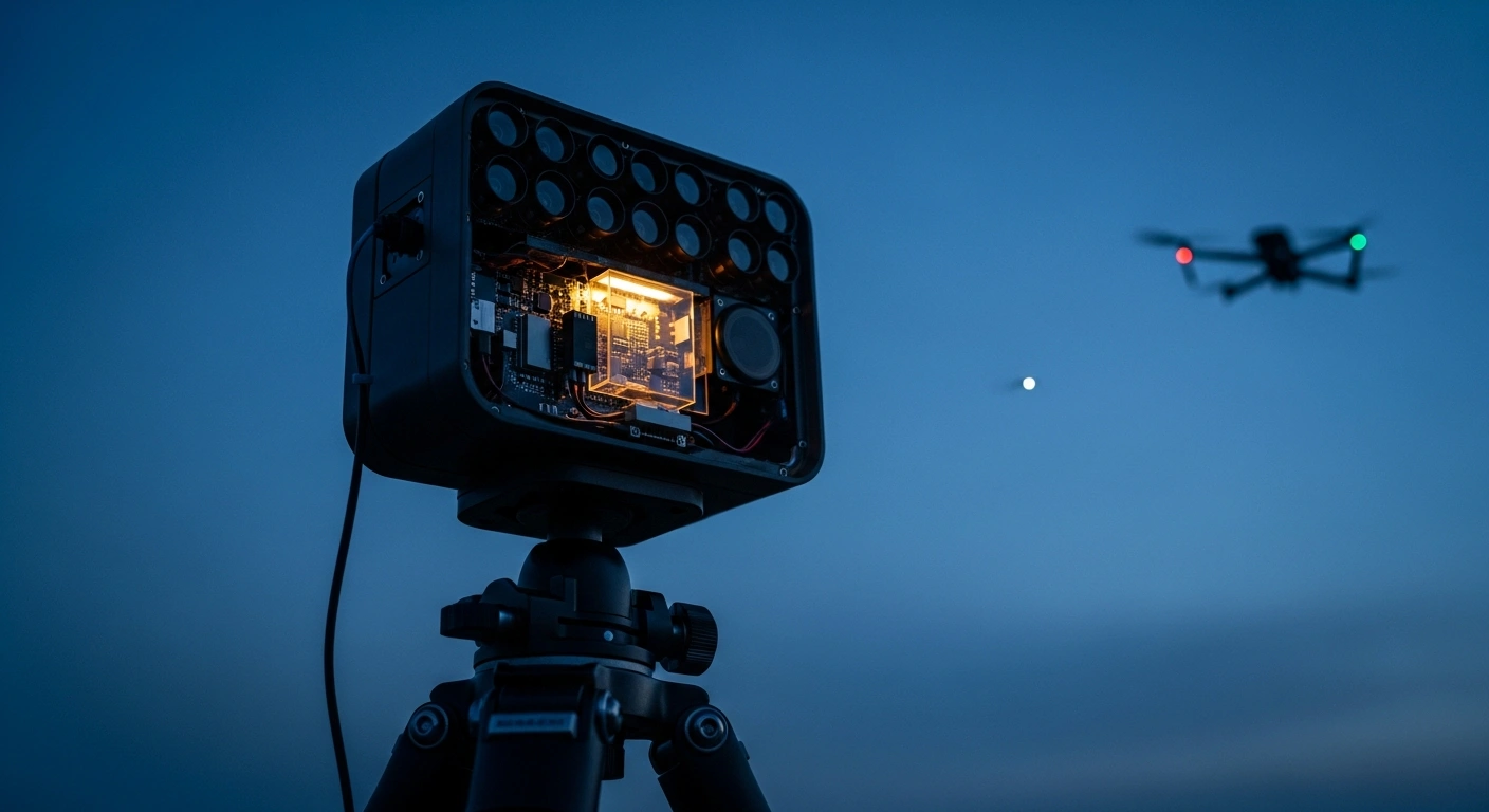 An acoustic detection system from Innotek Solutions tracks a silent drone flying through the sky at dusk.