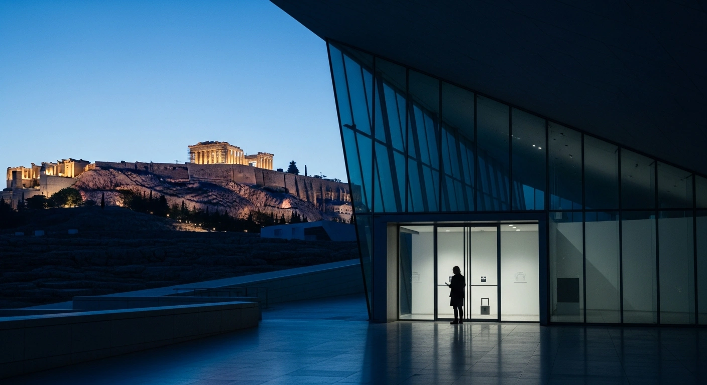 An archaeologist stands outside the locked entrance of the Acropolis Museum in Athens with the Parthenon visible in the background.