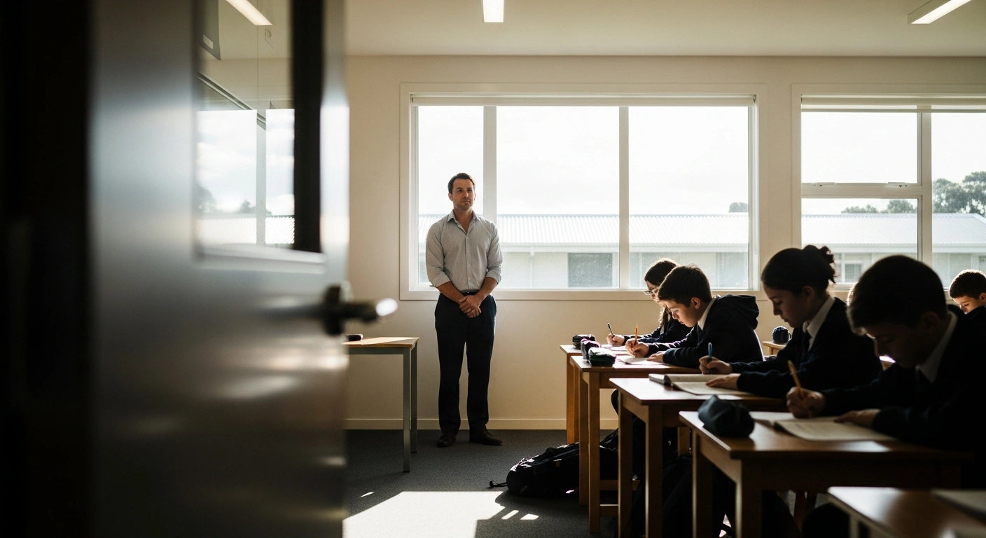 A teacher stands in a bright New Zealand classroom as part of a policy proposal to manage student behavior and restore a focused learning environment.