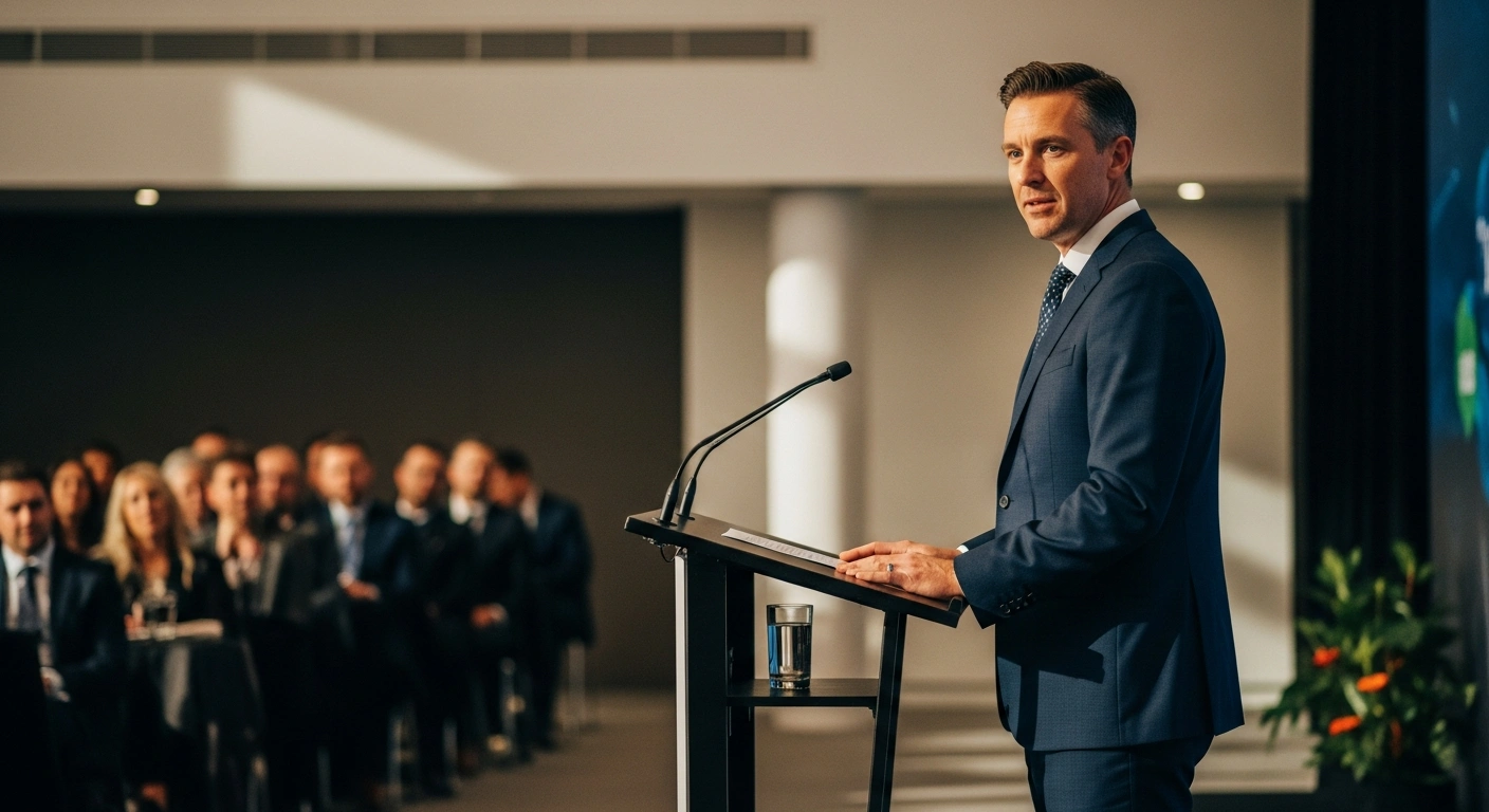 A new deputy leader for the ACT Party stands at a podium during the annual general meeting in Auckland to address party members.