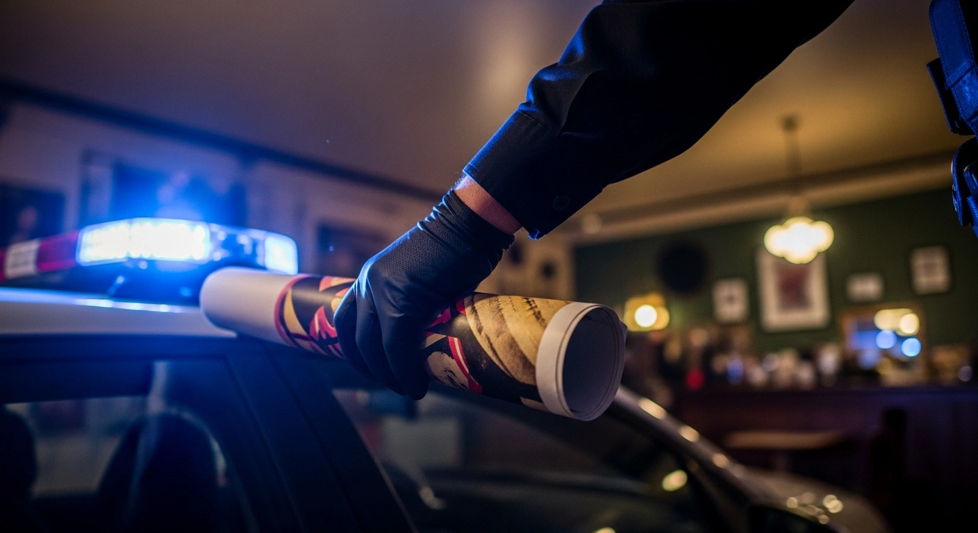 A police officer's gloved hand carefully secures a rolled-up art poster, with the dimly lit interior of a cafe in the background, symbolizing the seizure of controversial art by ACT Police from Dissent Cafe and Bar in Canberra.