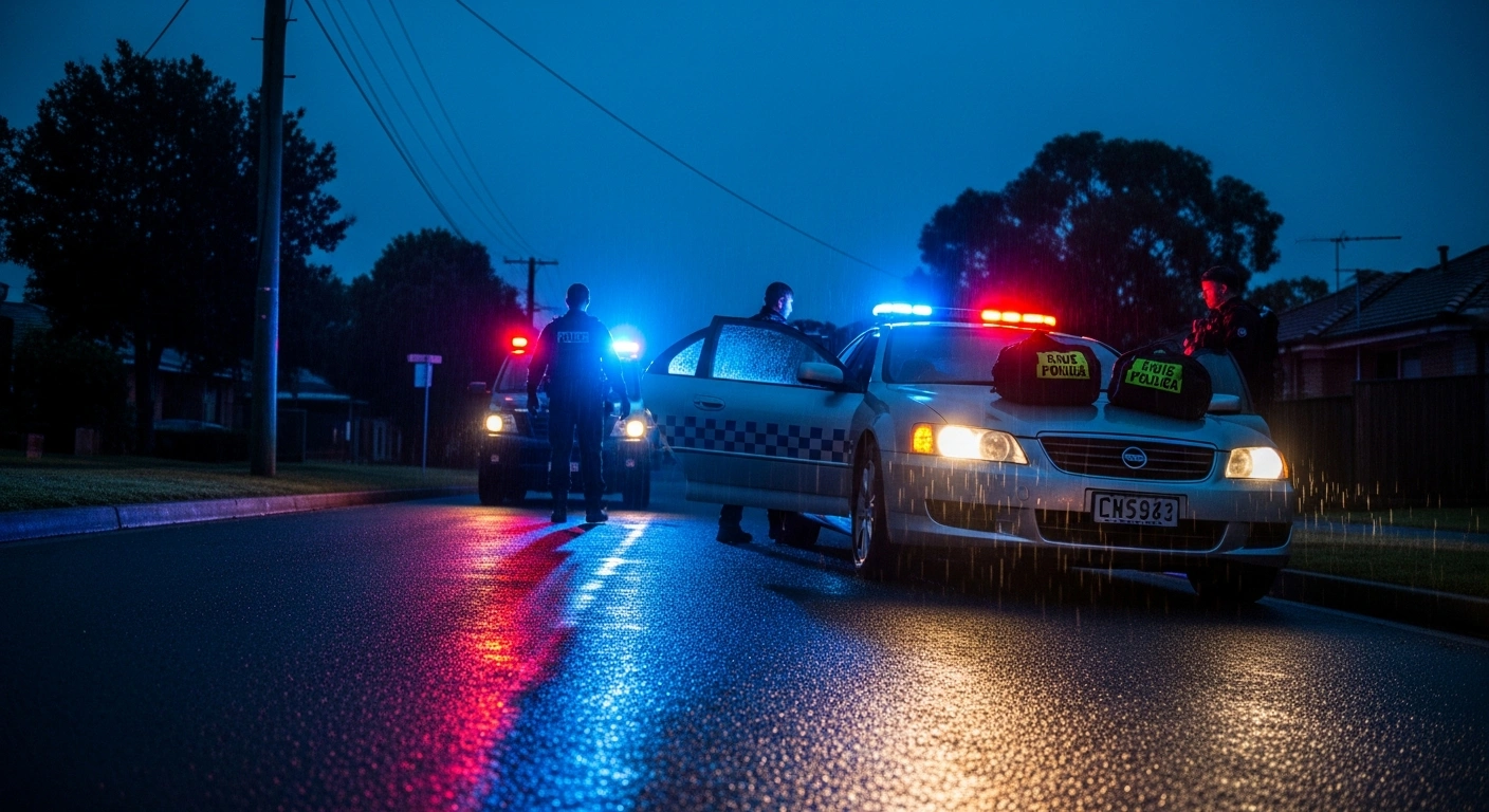ACT Policing officers stand near a stopped vehicle in Belconnen after seizing firearms and cash during an investigation.