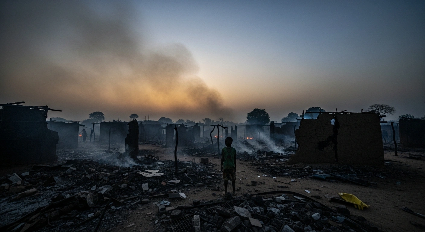 A wide, low-angle shot at pre-dawn depicts the desolate aftermath of an Islamist militant attack in a rural Nigerian village in Adamawa State, showing smoke rising from destroyed homes and a lone figure amidst the rubble, symbolizing the displacement and loss of life, including at least 25 people.
