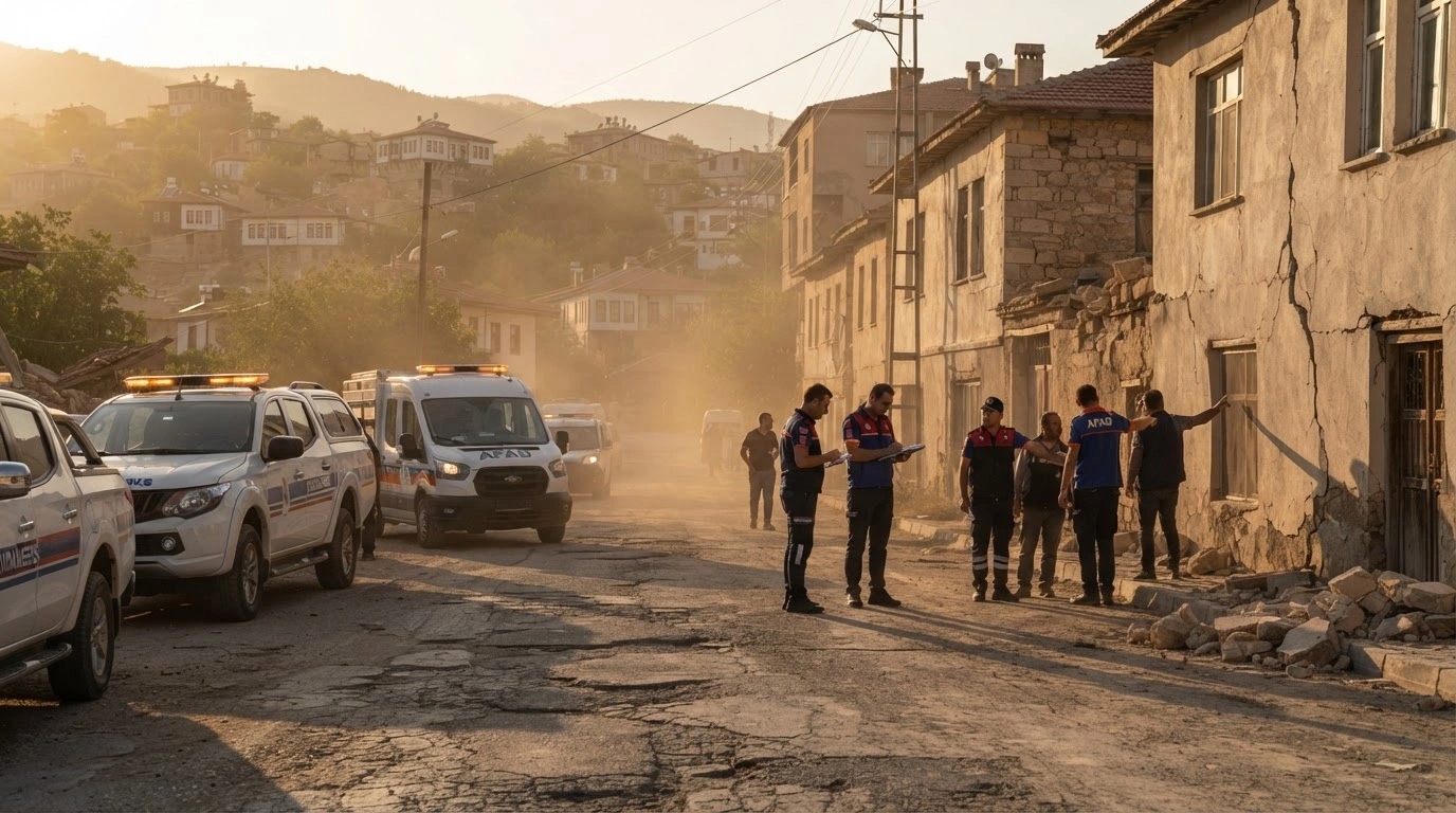 Emergency responders assess potential structural damage in the Saimbeyli district of Adana, Turkey, following a 4.8-magnitude earthquake.
