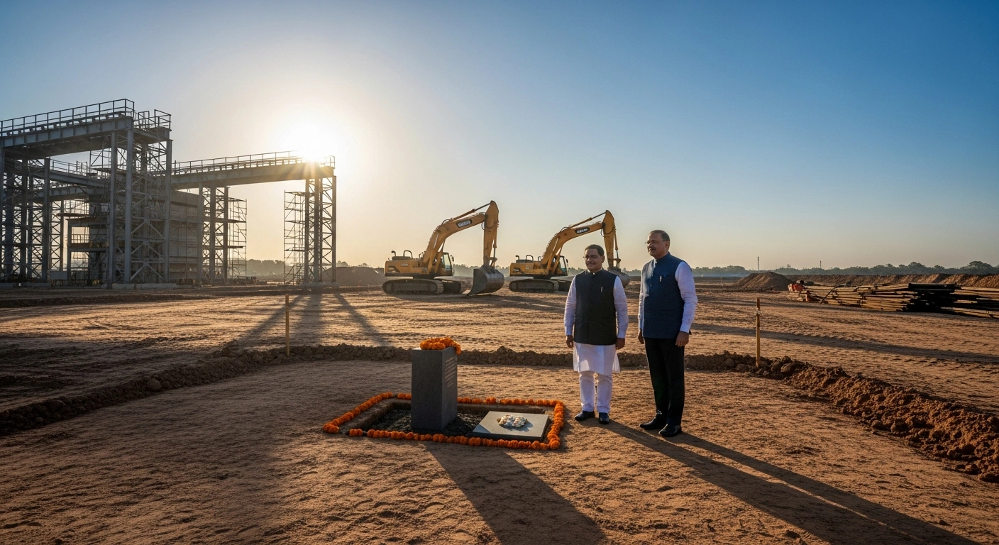 Madhya Pradesh Chief Minister Mohan Yadav and Union Minister Jyotiraditya Scindia lay the foundation stone for a new Adani Defence and Aerospace manufacturing facility in Kanpur.