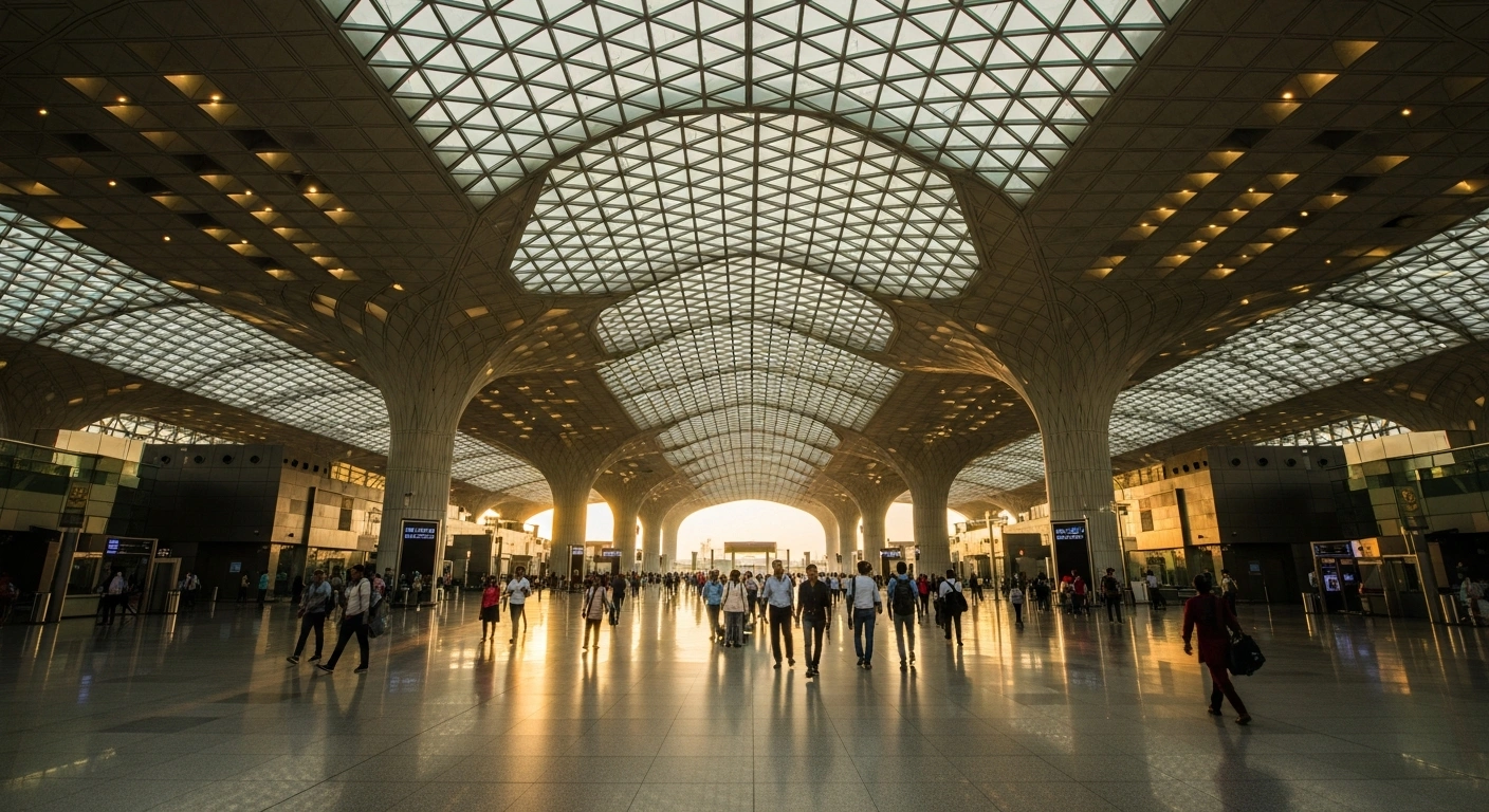 A wide, low-angle shot inside a vast, modern Indian airport terminal at dawn, with golden light streaming through soaring glass ceilings, illuminating sleek structures and a diverse, bustling crowd of travelers, representing the Adani Group's $15 billion investment by 2030 to expand airport operations across India, aiming for 200 million annual passenger capacity with upgrades and new infrastructure.