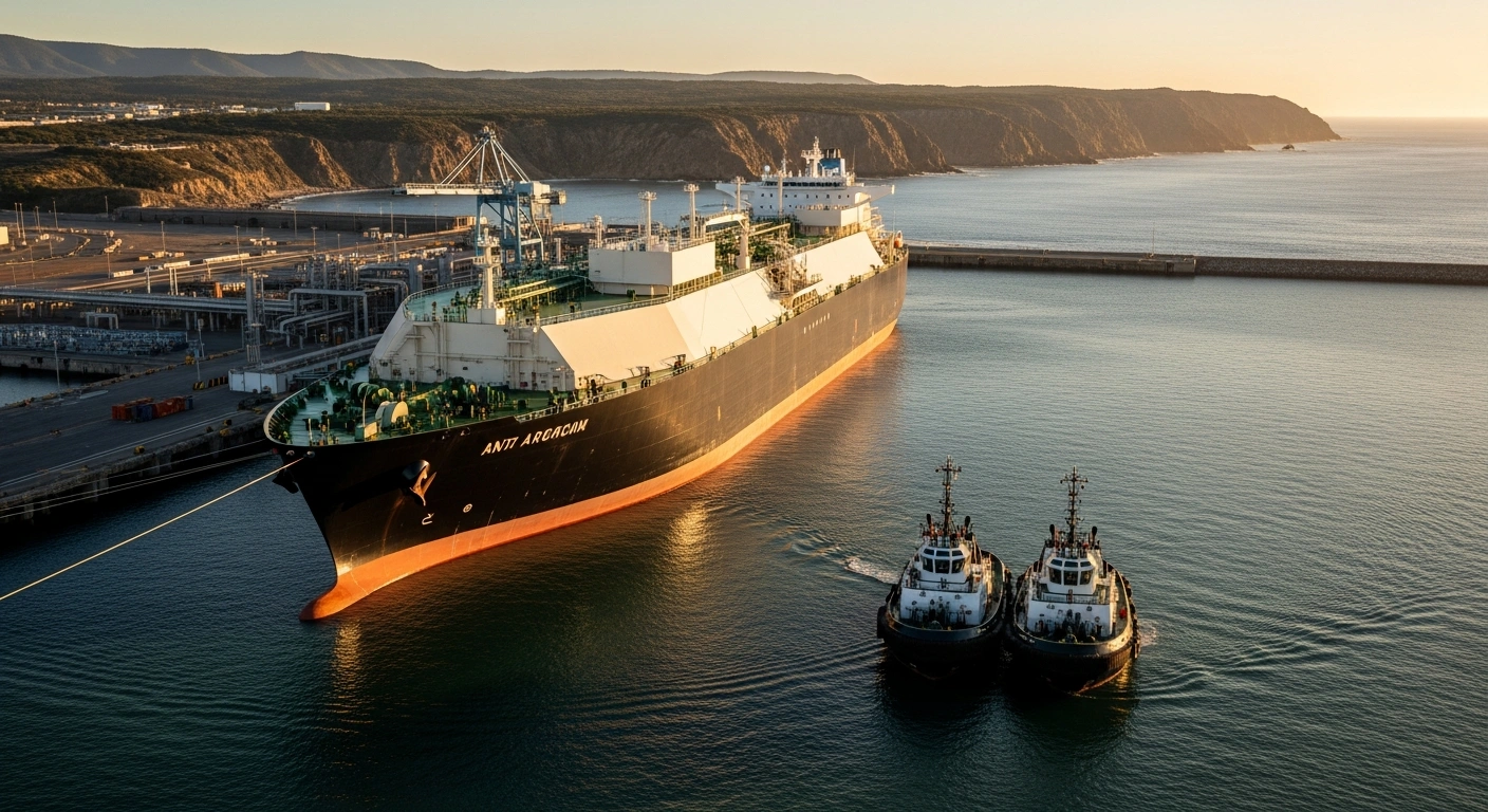 An LNG tanker is docked at a port in Argentina as part of a marine services contract awarded to Adani Ports and Special Economic Zone Ltd.