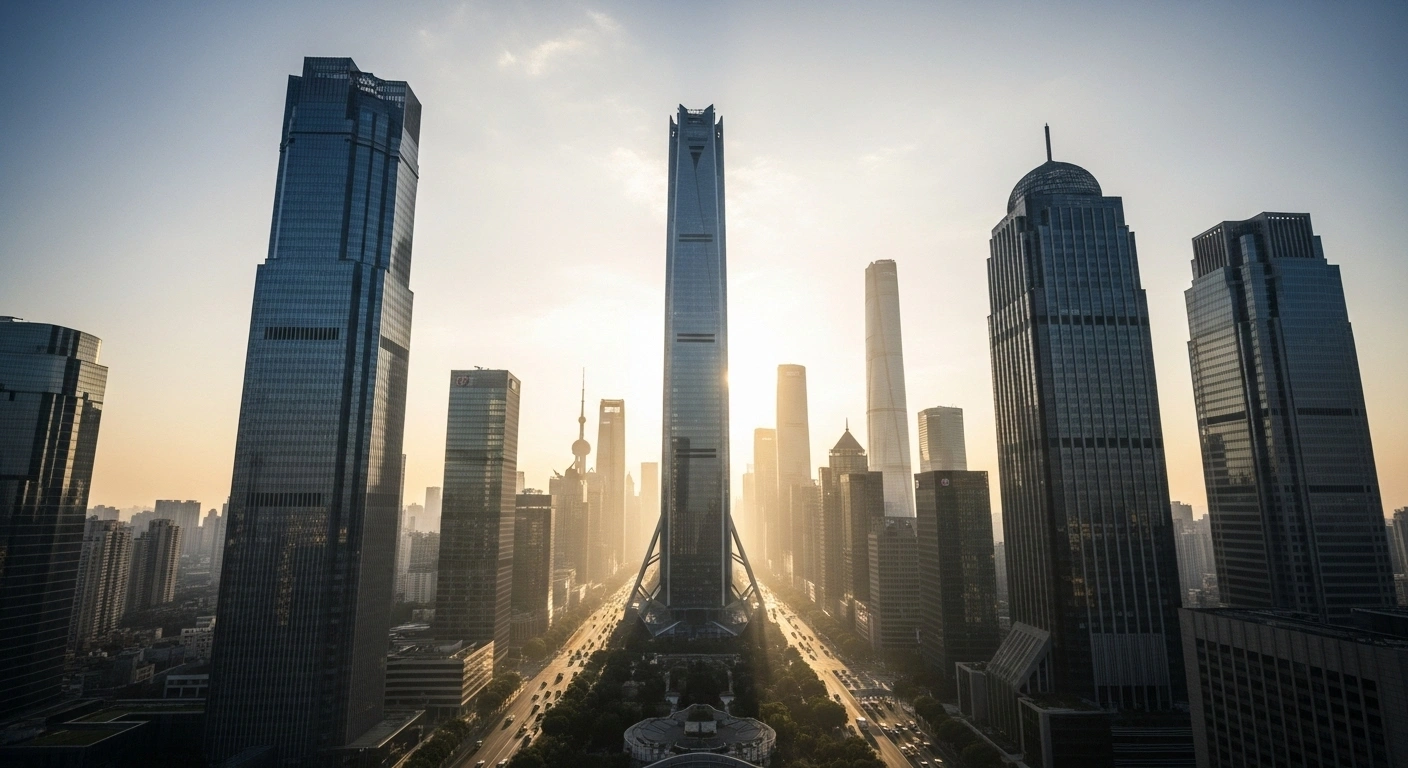 A wide-angle shot of a sprawling, futuristic Chinese metropolis at dawn, with towering skyscrapers reaching skyward and a subtle haze in the lower levels, visually representing the Asian Development Bank's affirmed 4.7% economic growth forecast for China in 2025 and revised 0% inflation outlook amidst global trade uncertainties and domestic challenges.