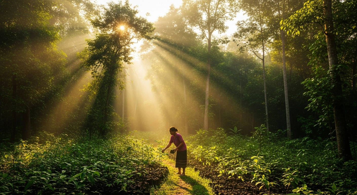 A wide shot of a verdant forest in rural Laos at sunset, with golden light filtering through the canopy onto a path where a local community member tends to young saplings, representing the impact of the Asian Development Bank's Responsible Forestry Project on combating degradation and enhancing climate resilience for local livelihoods.