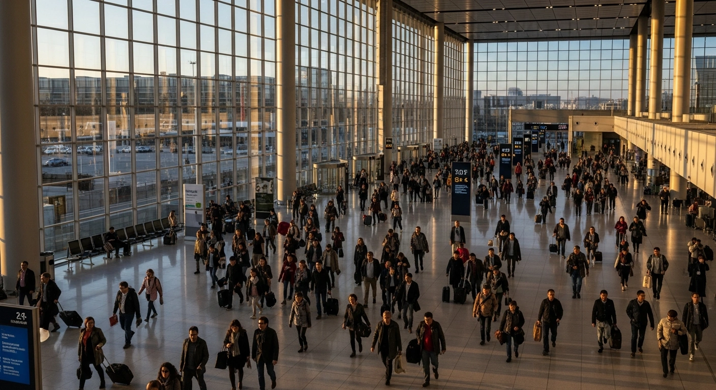 A high-angle, wide shot depicts a vibrant, modern international airport terminal at dusk, bustling with diverse travelers, illustrating Adelaide Airport's significant increase in inbound seat capacity and its welcoming of over 1.1 million international passengers, solidifying its position as a key gateway for South Australia.