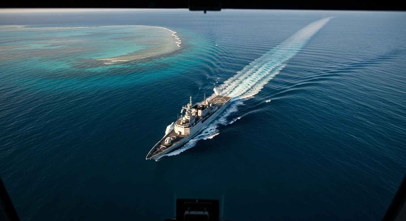 An Australian Defence Force naval vessel patrols the South-West Pacific ocean to monitor and deter illegal fishing activities.