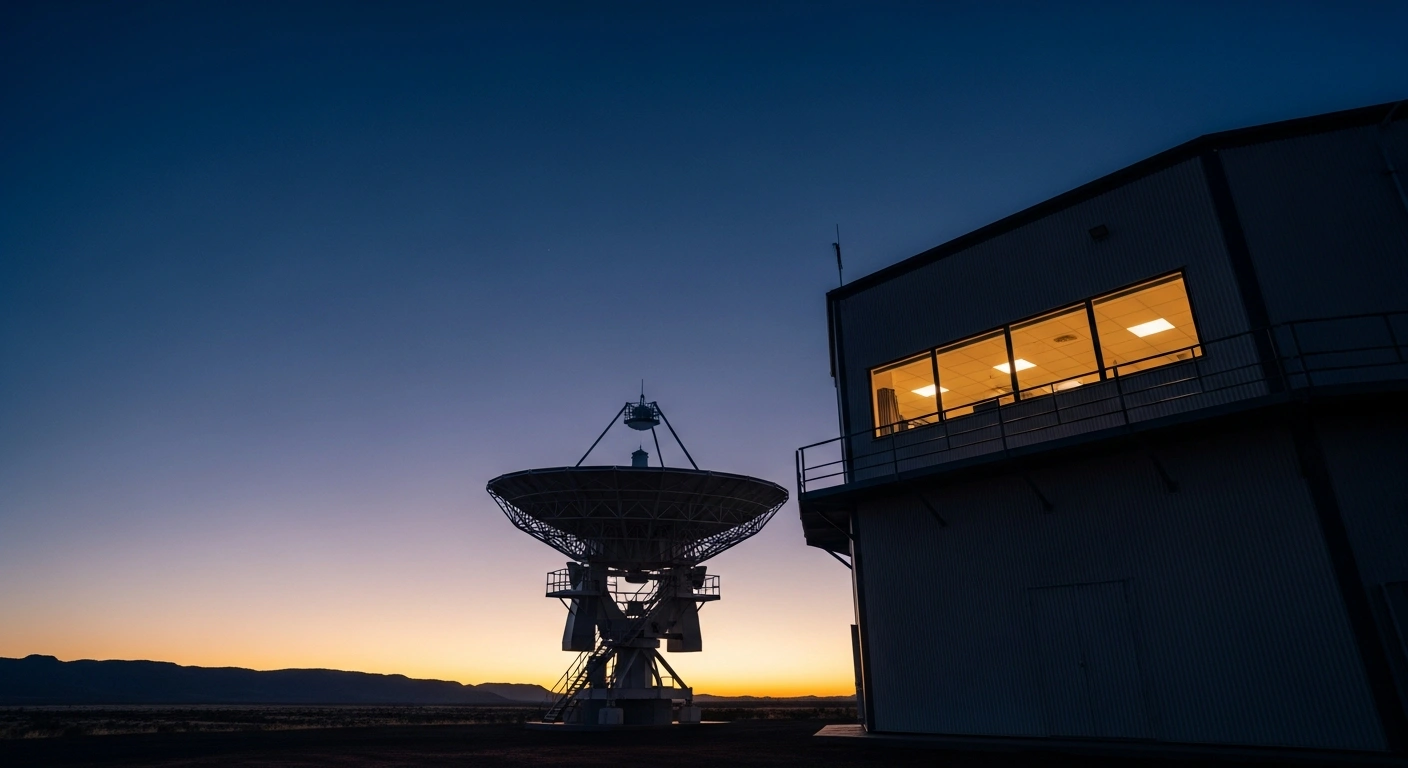A wide, low-angle shot of a state-of-the-art satellite ground station dish silhouetted against a twilight sky, with a subtle glow from its control room and the Australian outback on the horizon, representing the Australian Defence Force's extended agreement with SES for secure satellite communications via the IS-22 satellite in the Indo-Pacific.