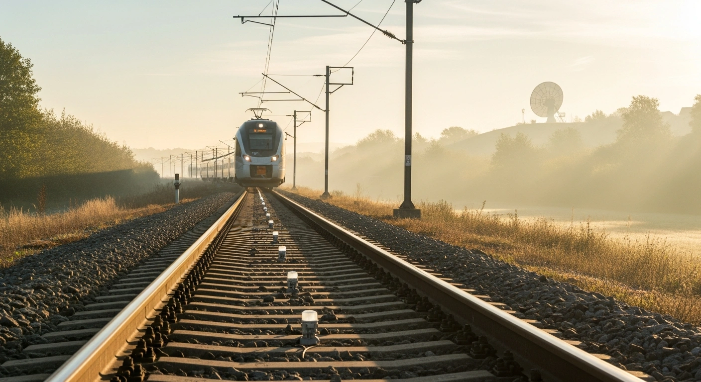 A modern train travels on a secondary railway line at dawn, with subtle high-tech sensors embedded in the tracks and a satellite dish visible in the distance, symbolizing Adif's trials of the European Rail Traffic Management System (ERTMS) in Spain to enhance safety and capacity using satellite positioning and public telecommunication networks.