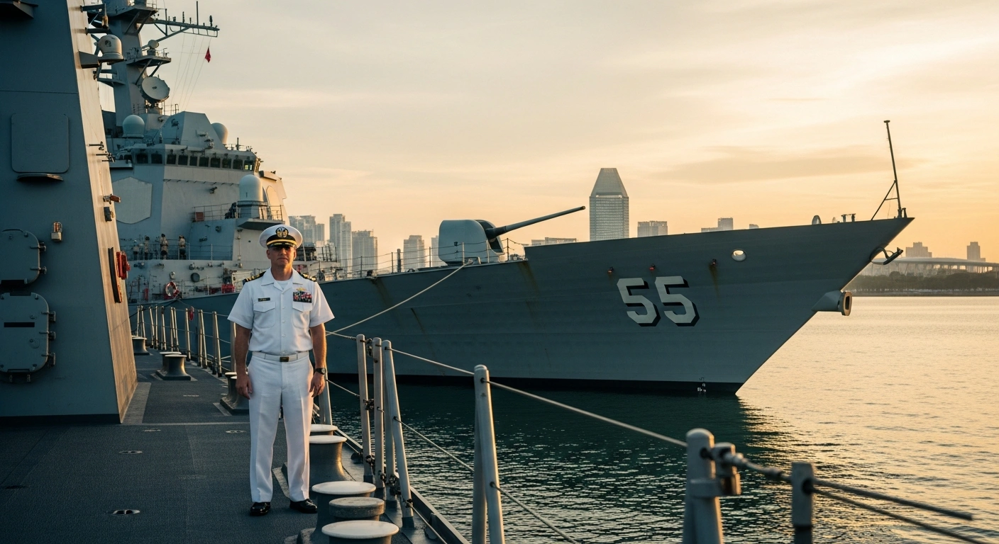 United States Admiral Daryl Caudle stands on the deck of a U.S. Navy warship in Singapore to discuss maritime security and defense cooperation.