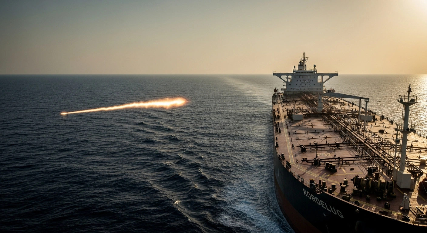 A large oil tanker transits the Strait of Hormuz as a missile is launched from the Iranian coastline toward the vessel.