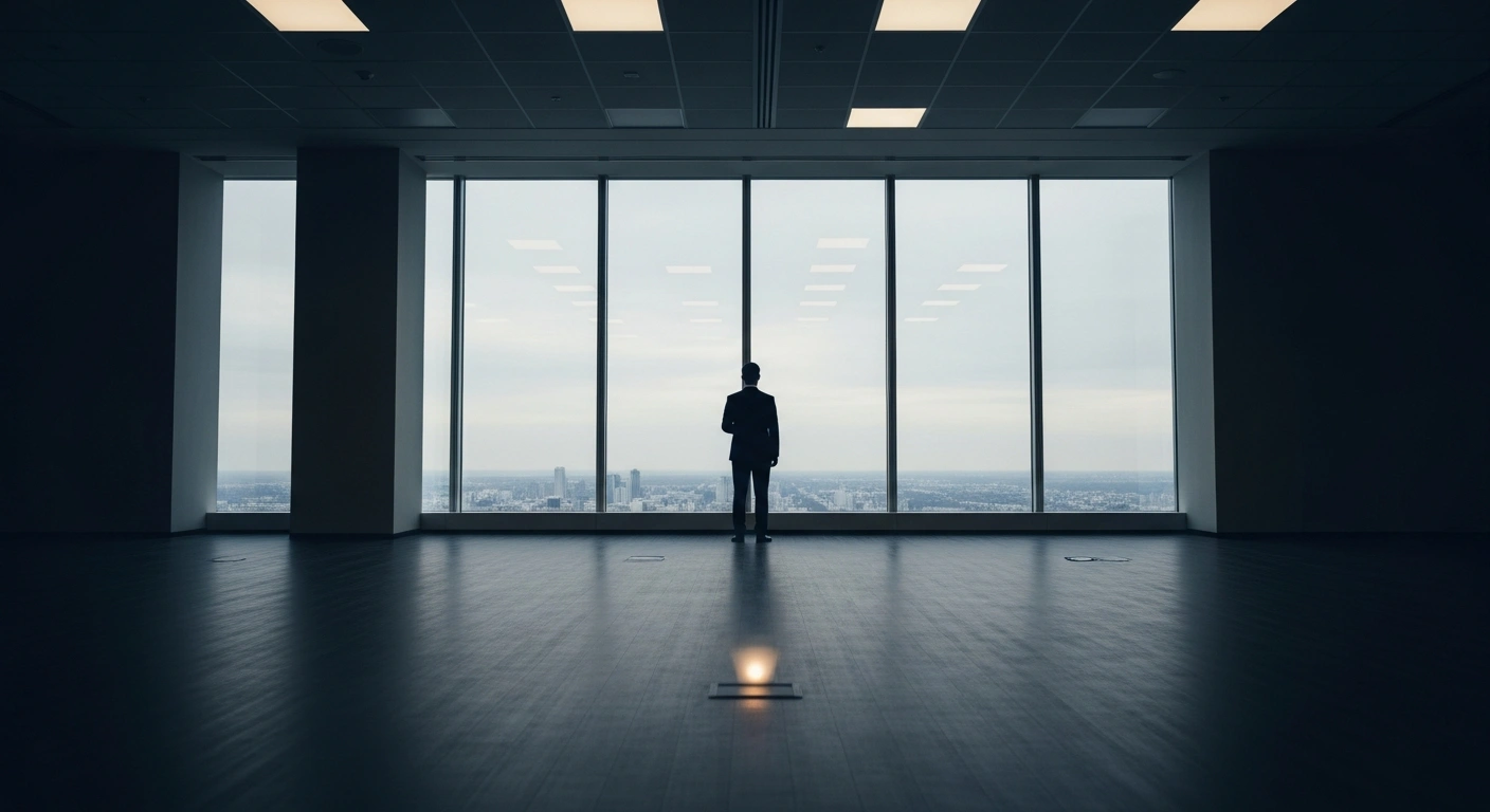A lone professional stands silhouetted in a vast, dimly lit corporate office, looking out a window at a distant, slightly brighter cityscape, symbolizing the modest 42,000 private sector job gain in the United States for October 2025, as reported by ADP.