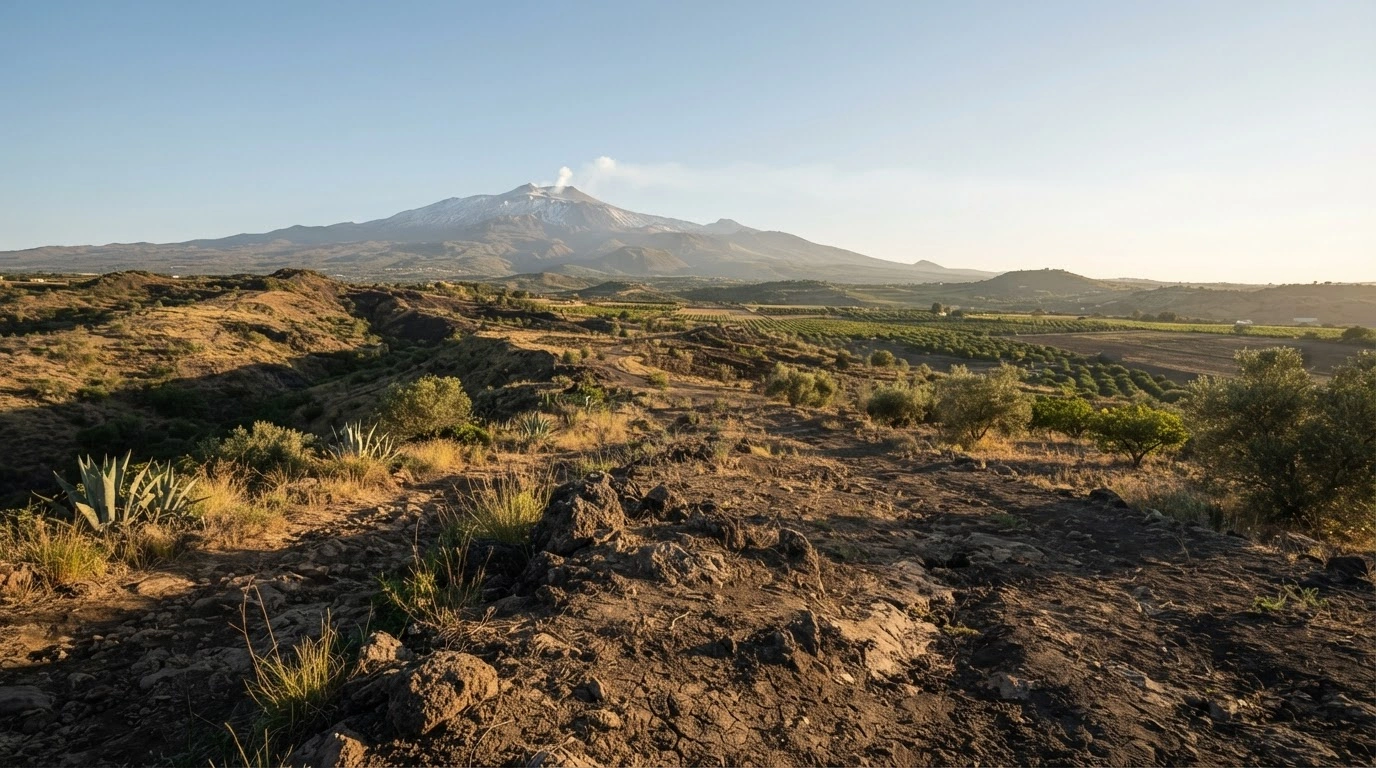 A scenic view of the volcanic landscape near Adrano, Sicily, where a minor earthquake was detected.