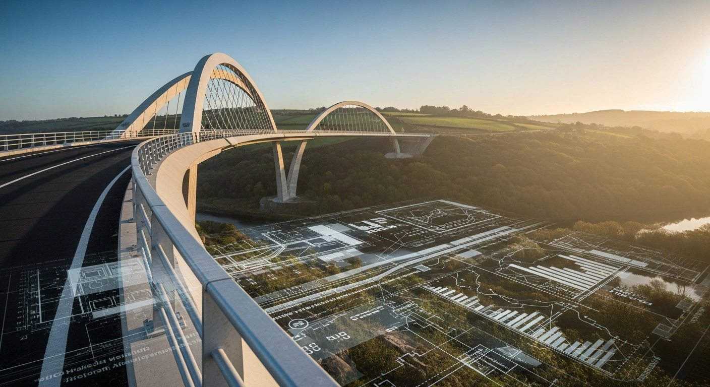 A photorealistic image depicts a modern, newly constructed bridge spanning a green Irish valley at dawn, with a subtle digital overlay of architectural schematics, symbolizing AECOM's expertise in cost management for major transport and mobility projects awarded by Ireland's National Transport Authority (NTA) and Transport Infrastructure Ireland (TII).